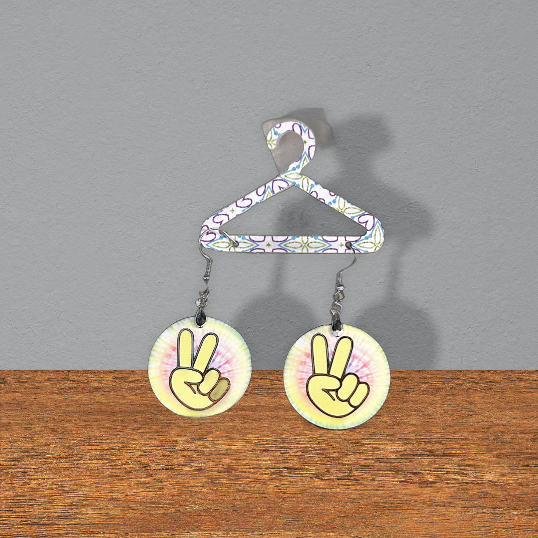 1 1/2" round MFD earrings with silver ear wire peace hand sign