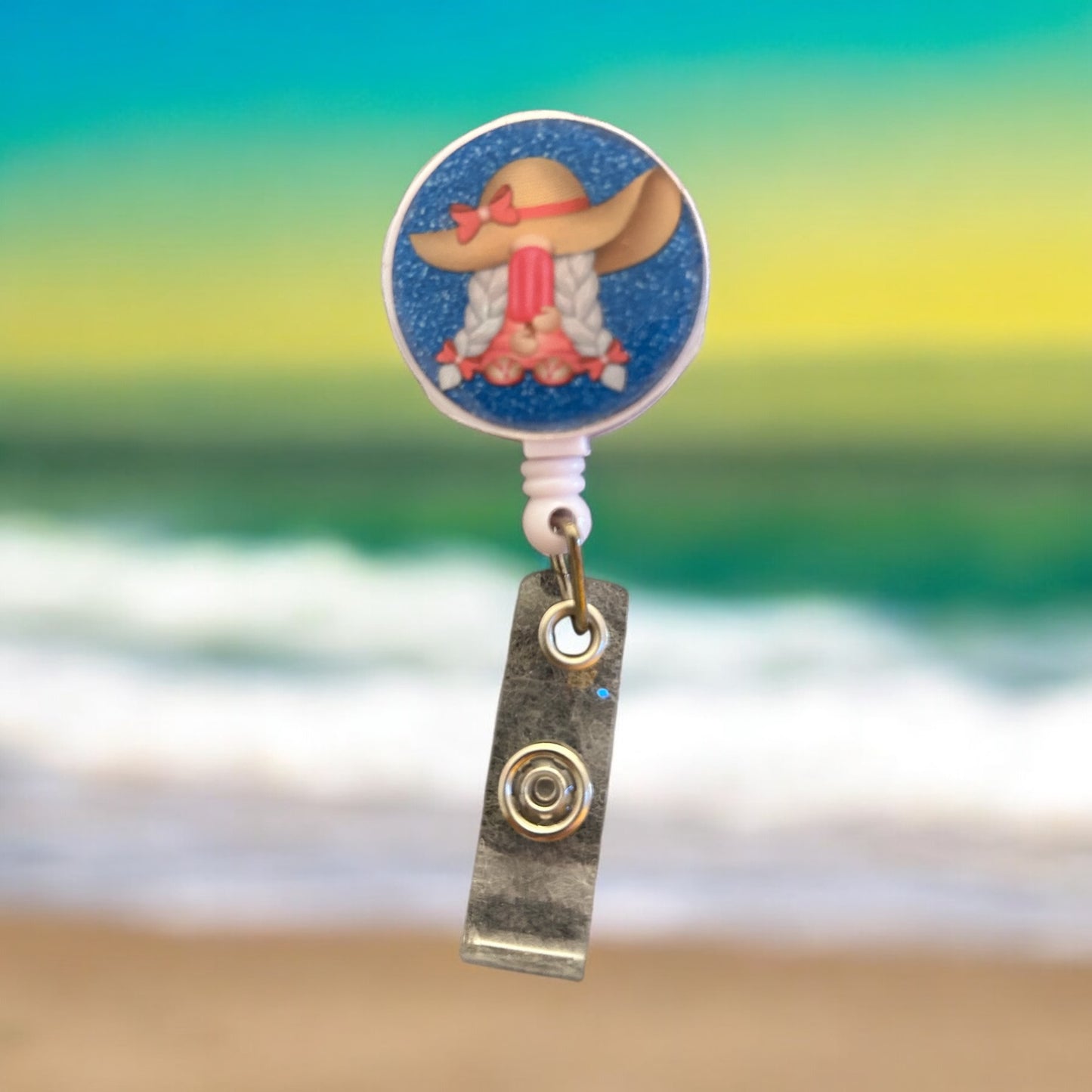 girl gnome with popsicle on badge reel with badge holder