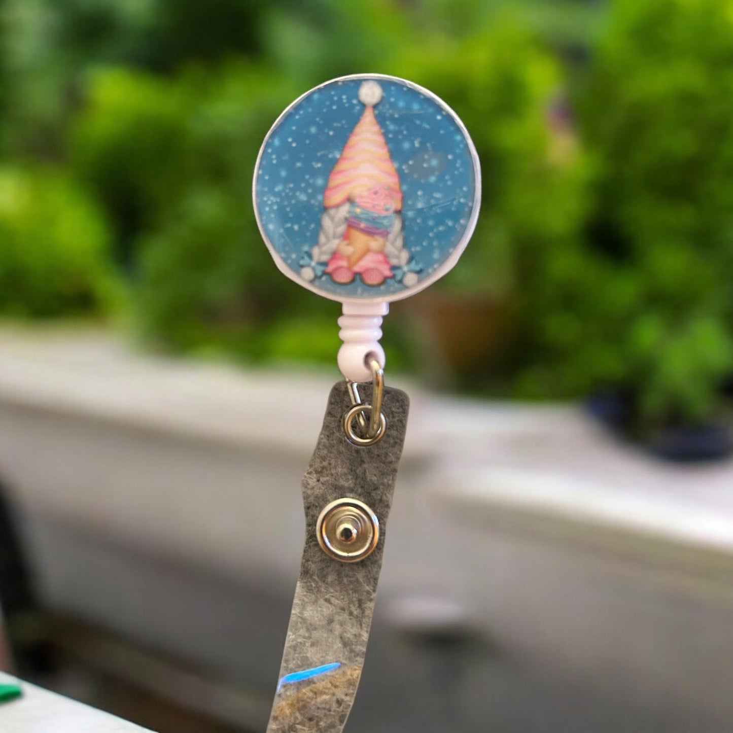 girl gnome with ice cream cone on badge reel with badge holder