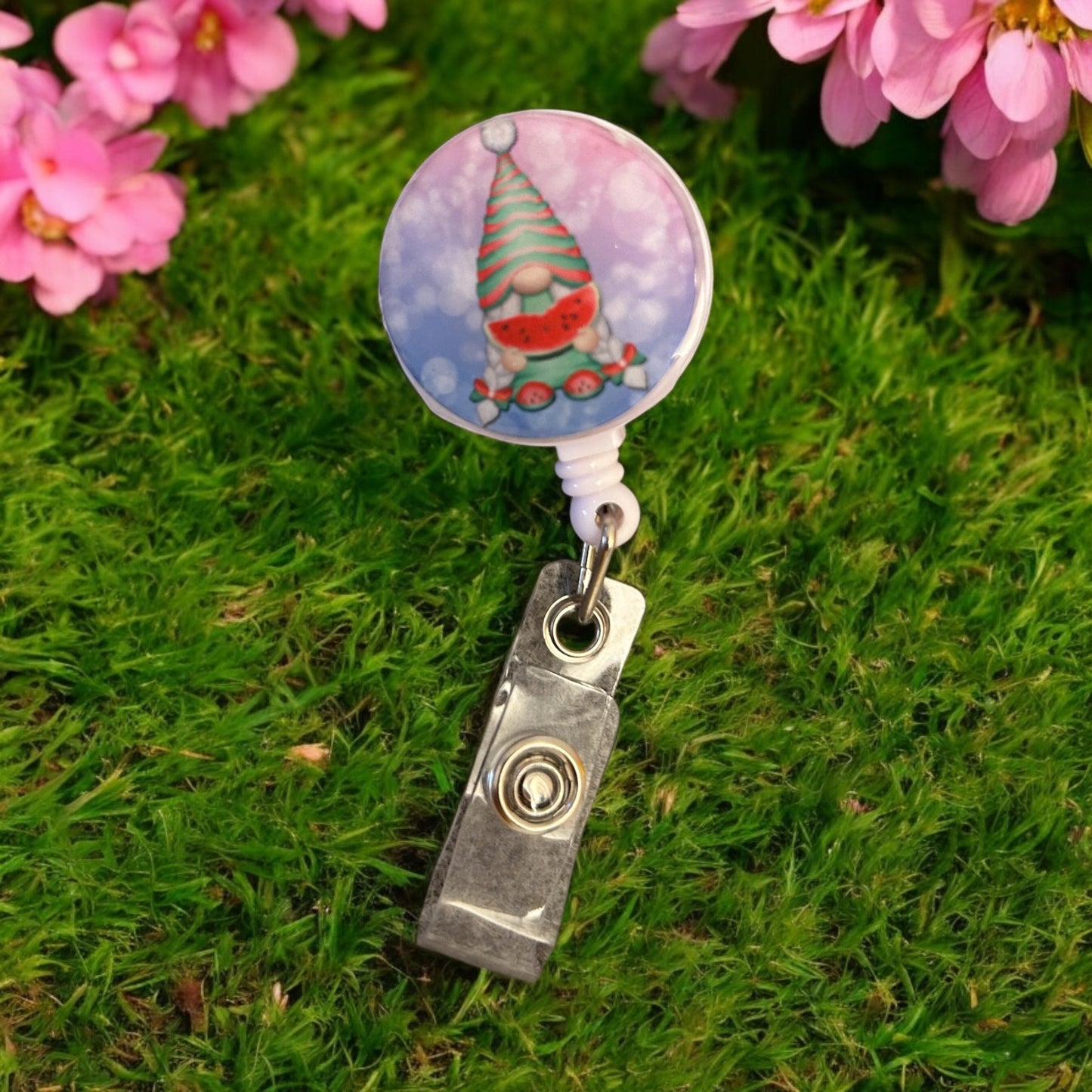 girl gnome with watermelon on badge reel with badge holder
