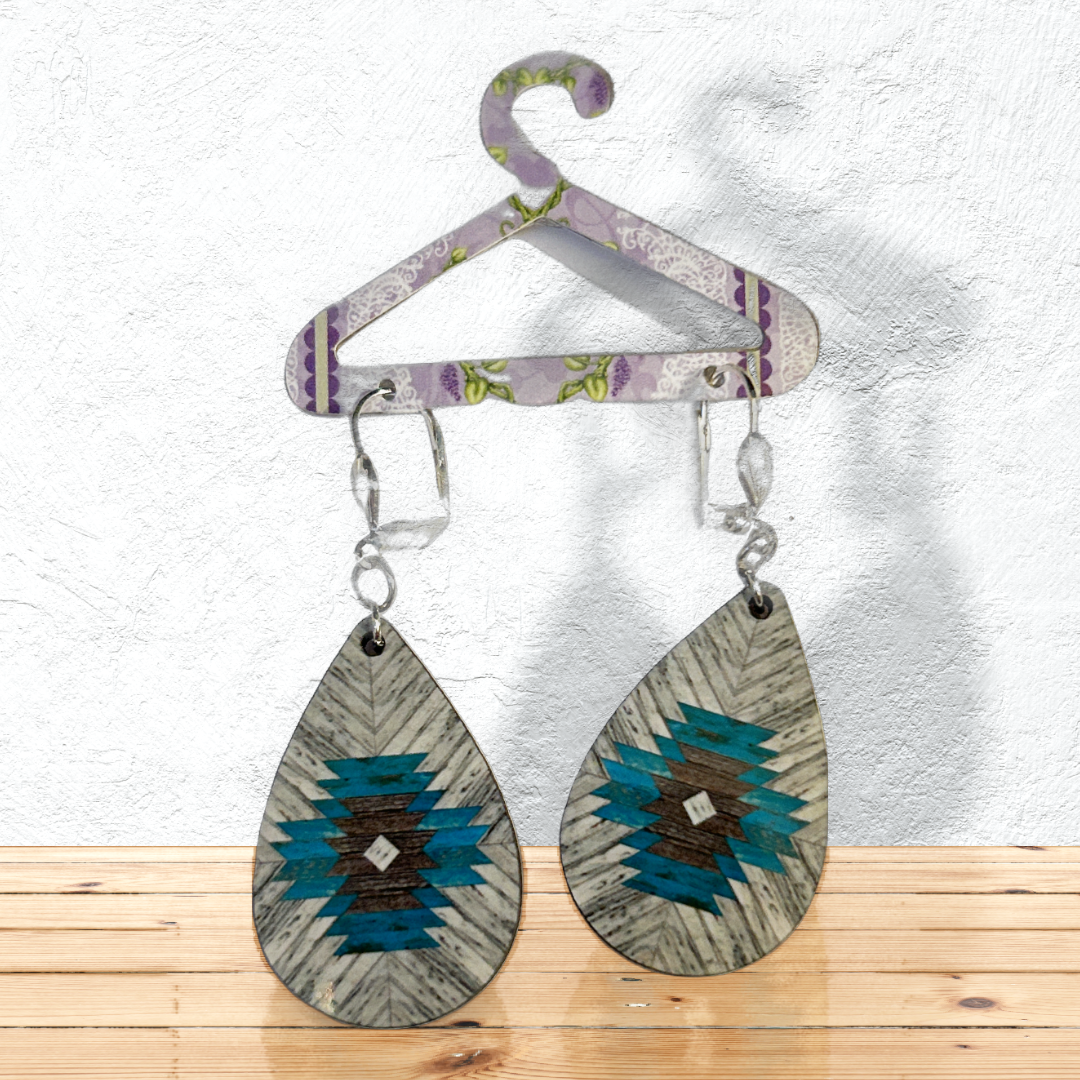 Tear drop earrings with southwest design silver latch ear wires
