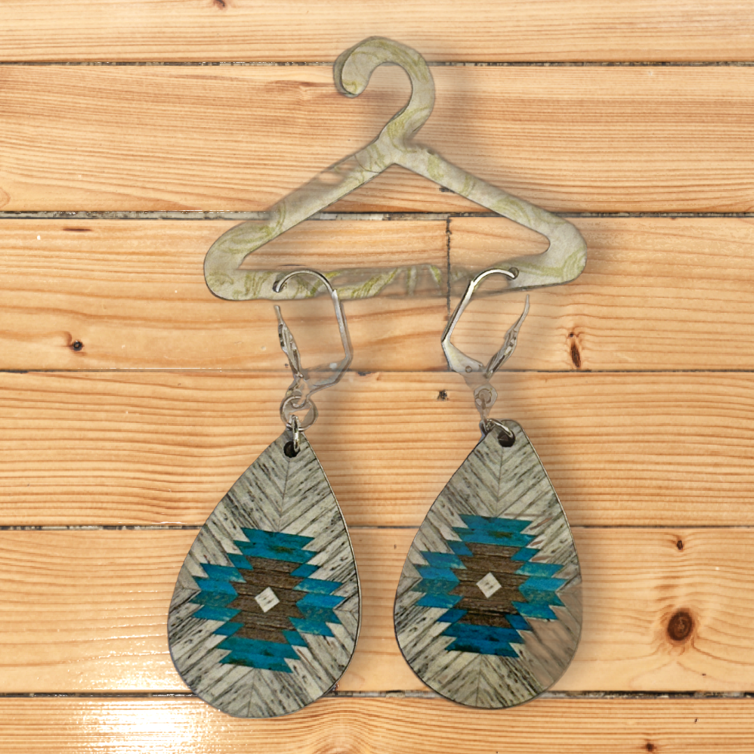 Tear drop earrings with southwest design silver latch ear wires