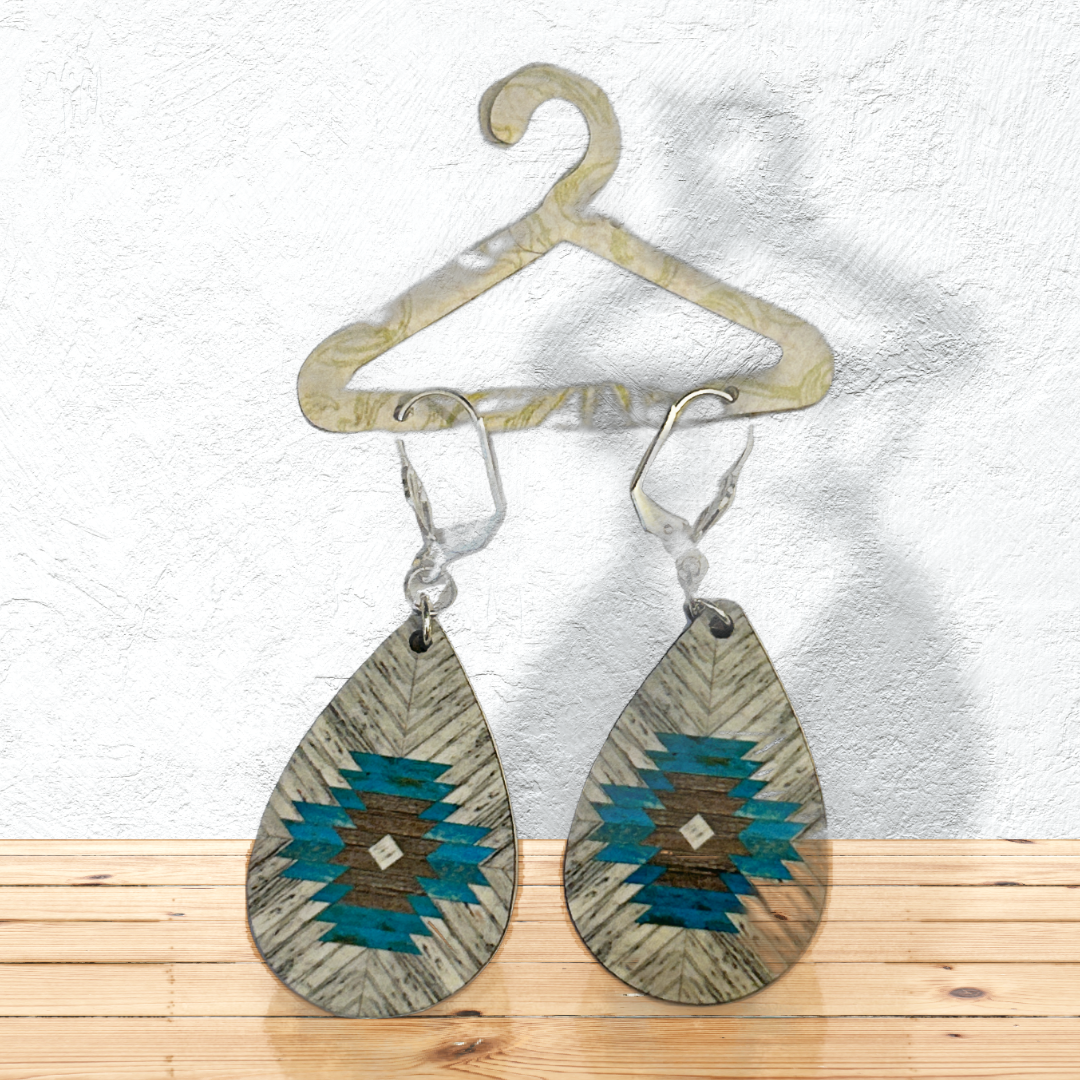 Tear drop earrings with southwest design silver latch ear wires