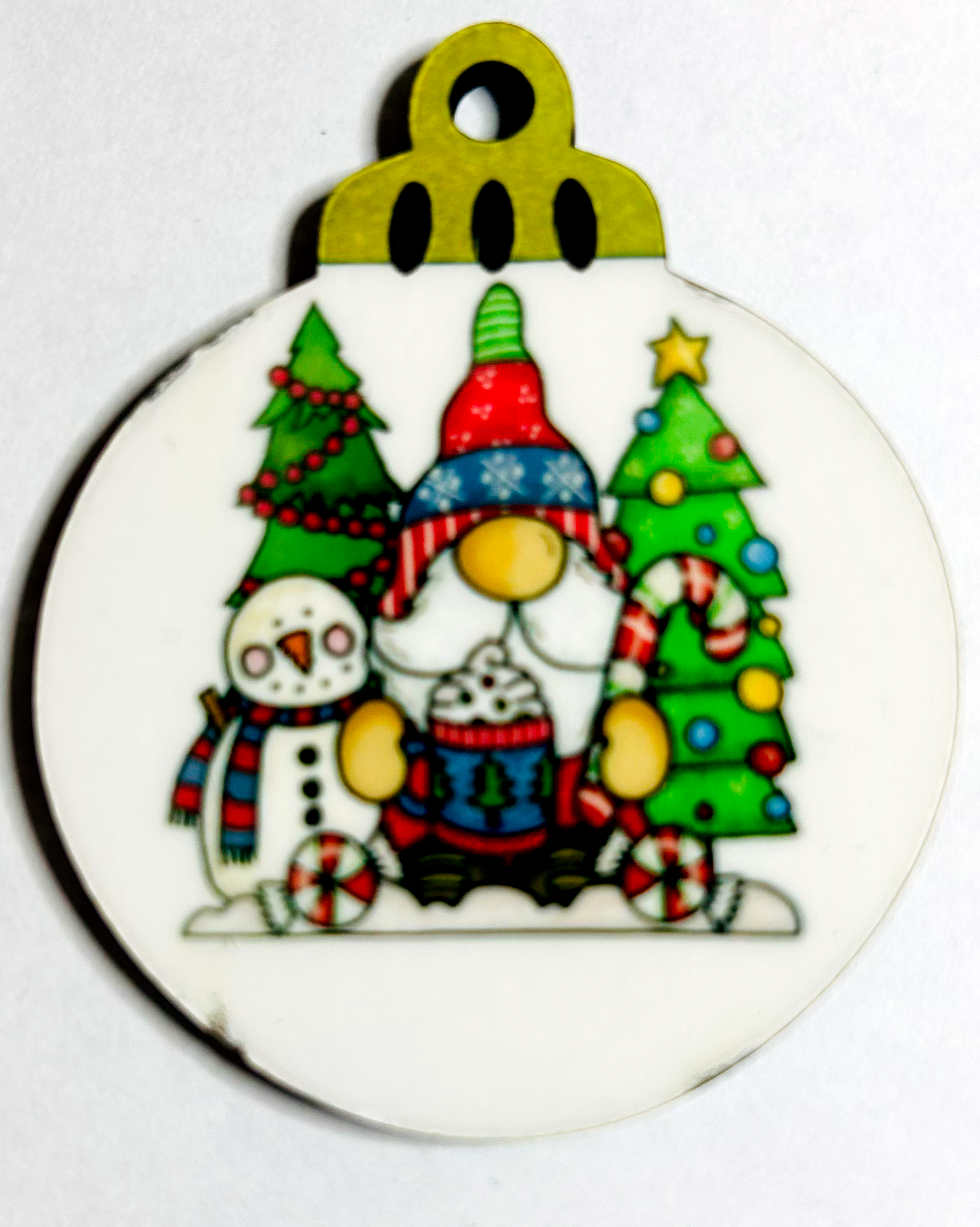 gnome with Christas trees and snowman on 2" MFD ornament