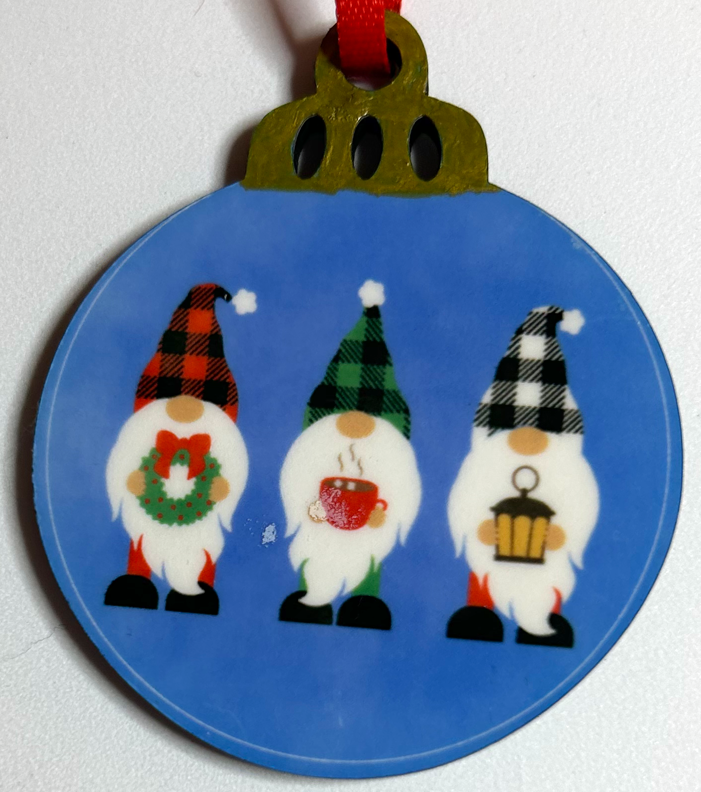 gnome with wreath, hot coco, lamp on 2" MFD ornament