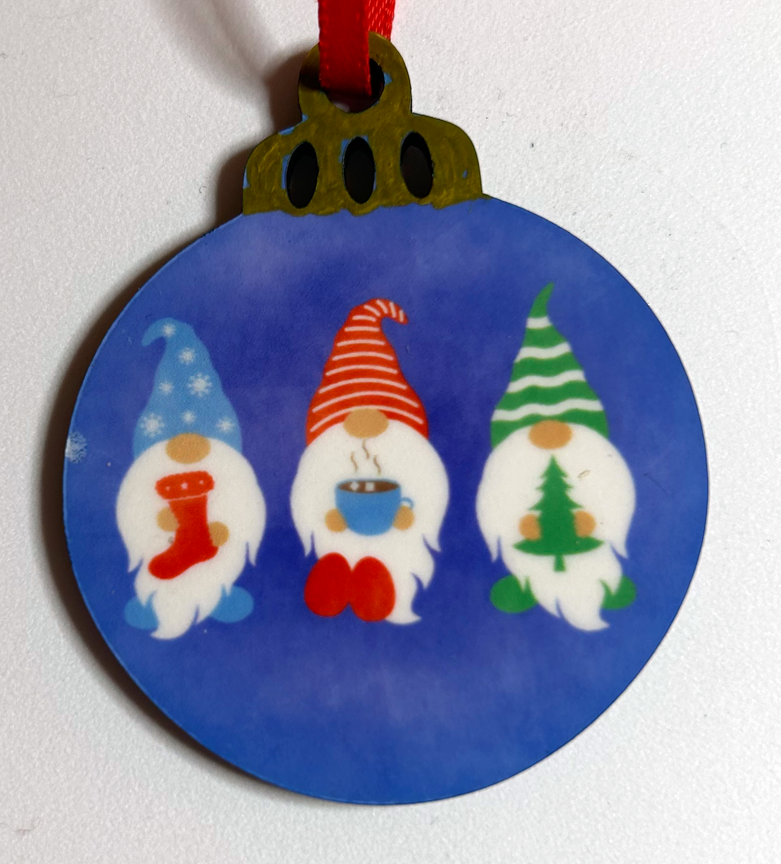 gnome with stocking, hot coco, tree on 2" MFD ornament