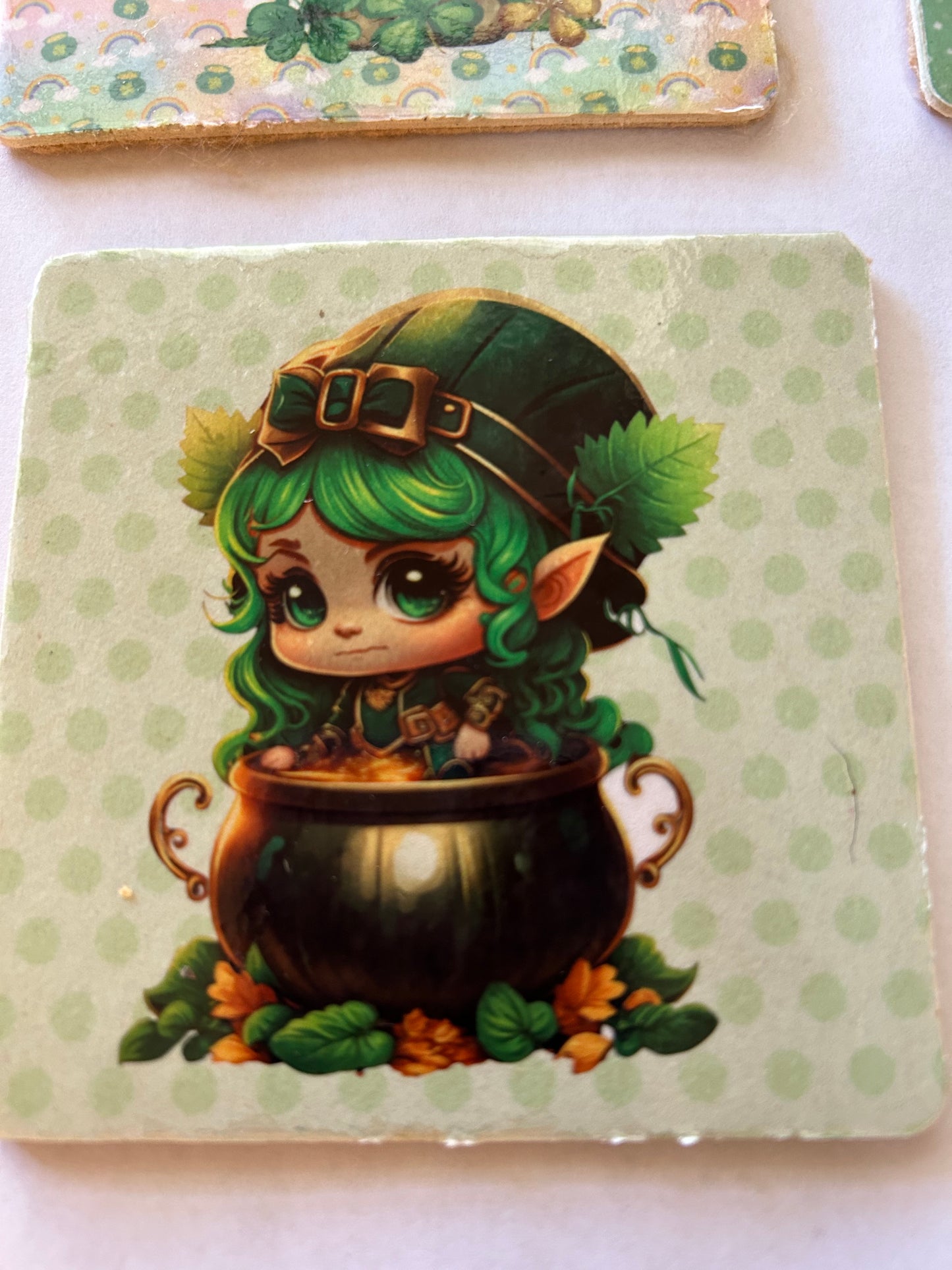 St Patricks day lady leprechaun design on 4" hardboard coaster