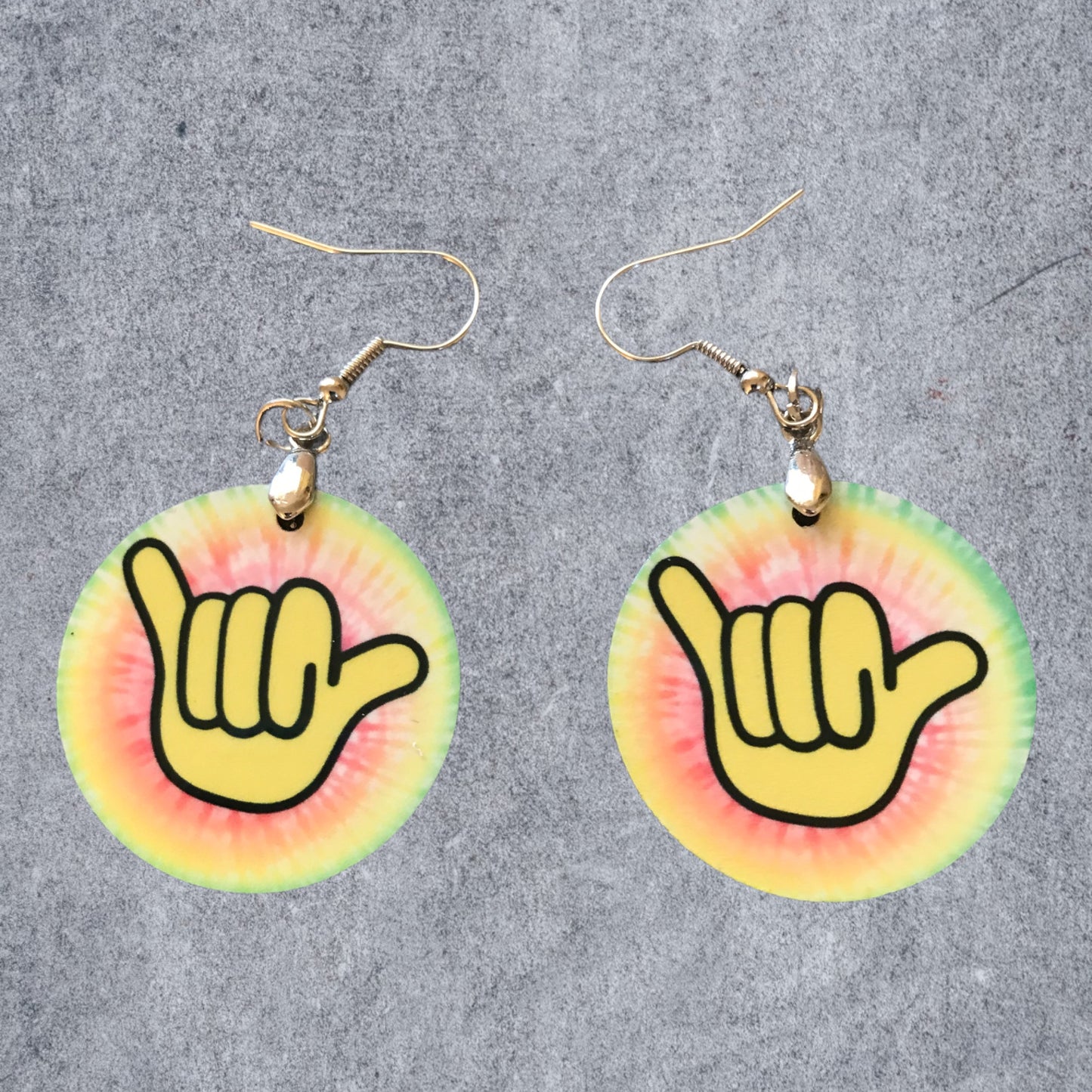 1 1/2" round MFD earrings with silver ear wire "i luv you" hand sign