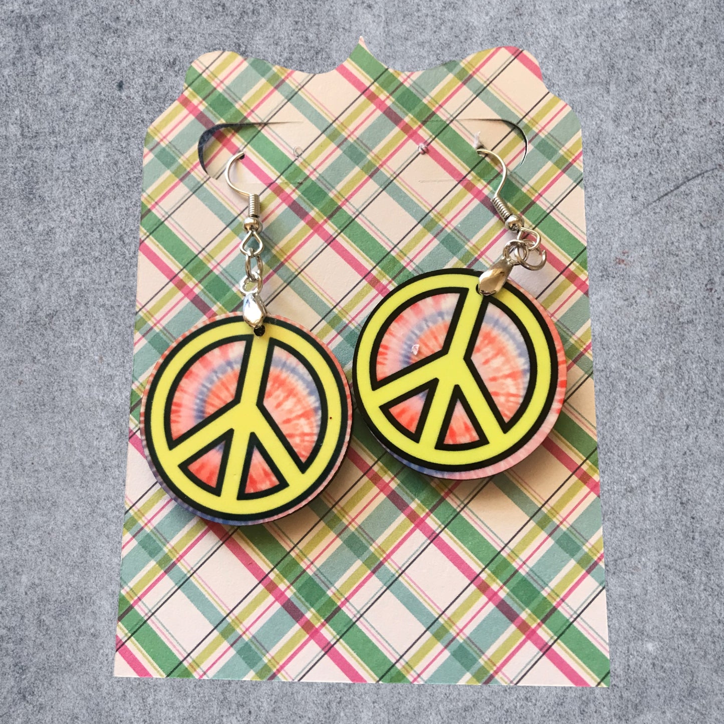 1 1/2" round MFD earrings with silver ear wire peace sign