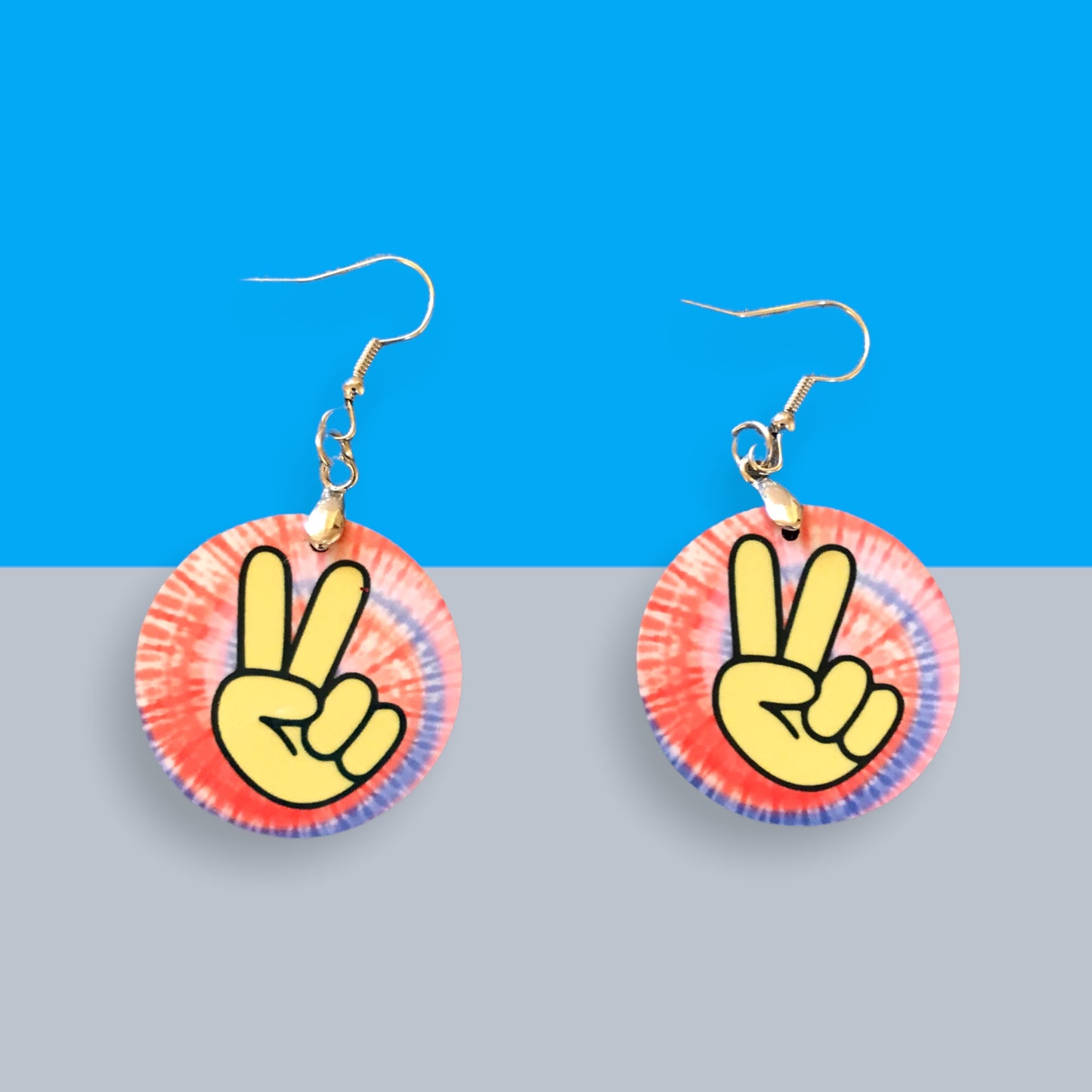 1 1/2" round MFD earrings with silver ear wire "peace hand sign