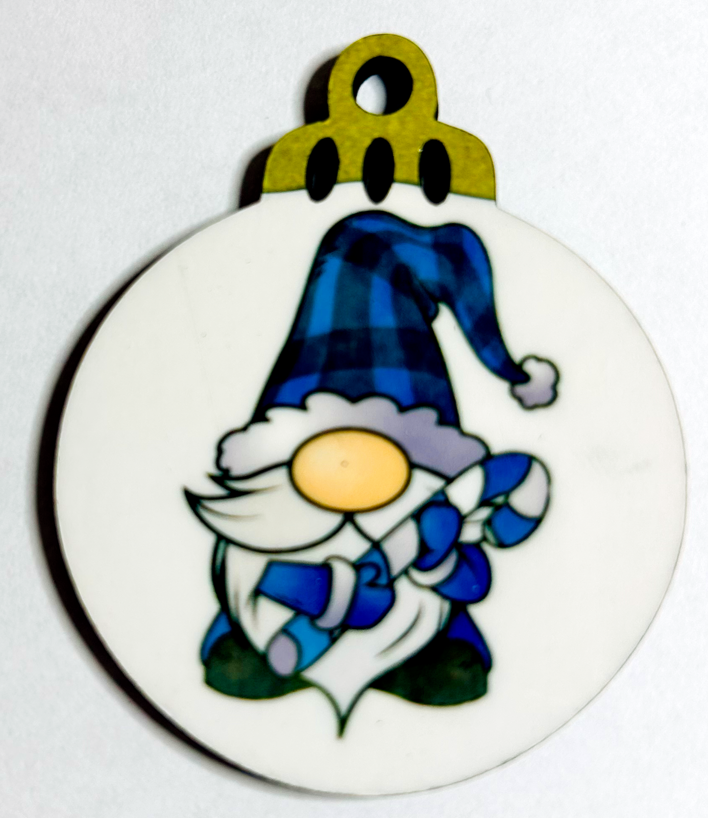 blue gnome with candy cane on 2" MFD ornament