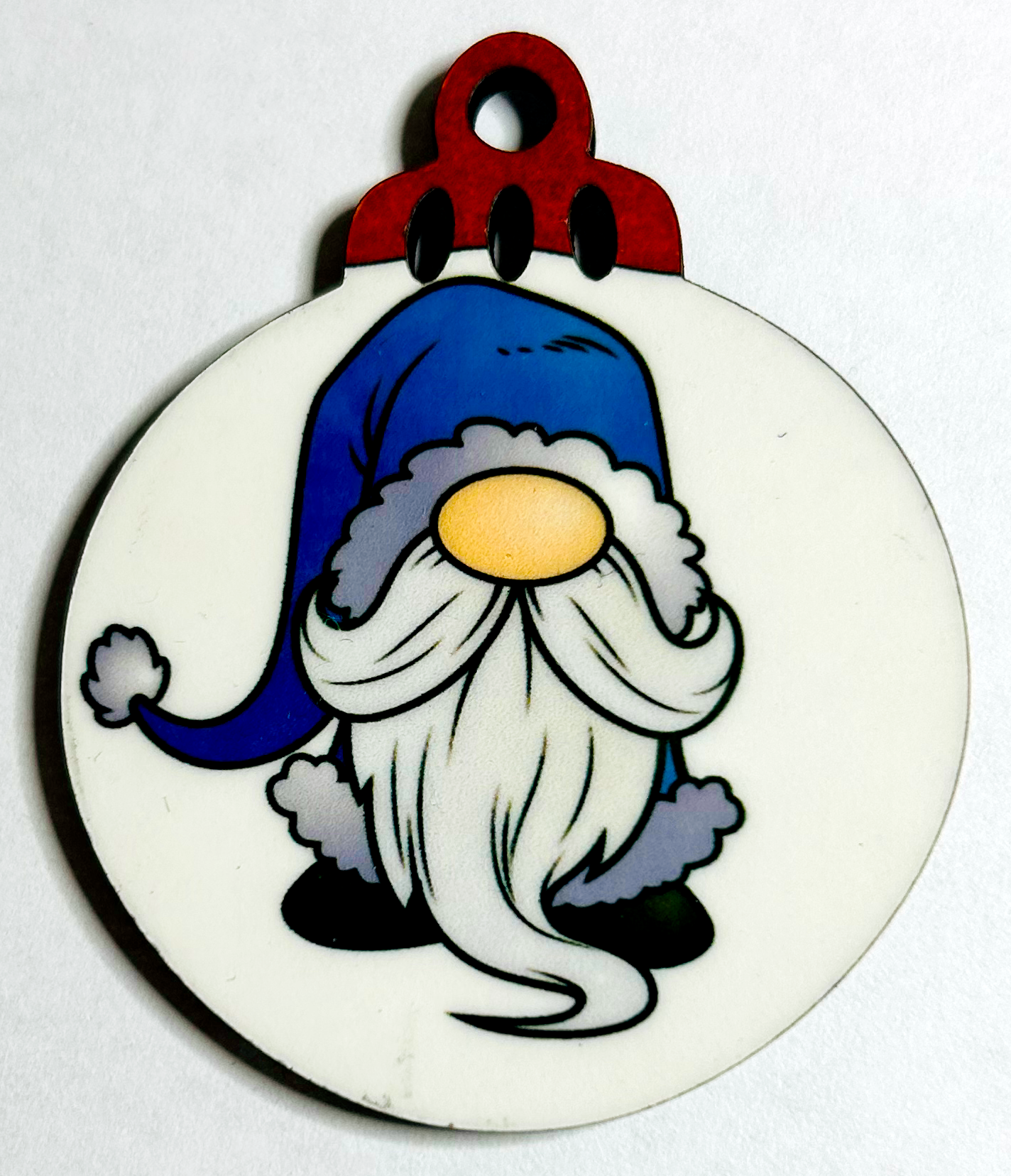blue gnome with wreath, hot coco, lamp on 2" MFD ornament
