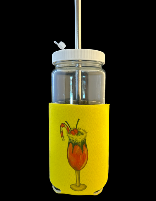 Christmas drink on yellow can cozzie or hugger made from neoprene