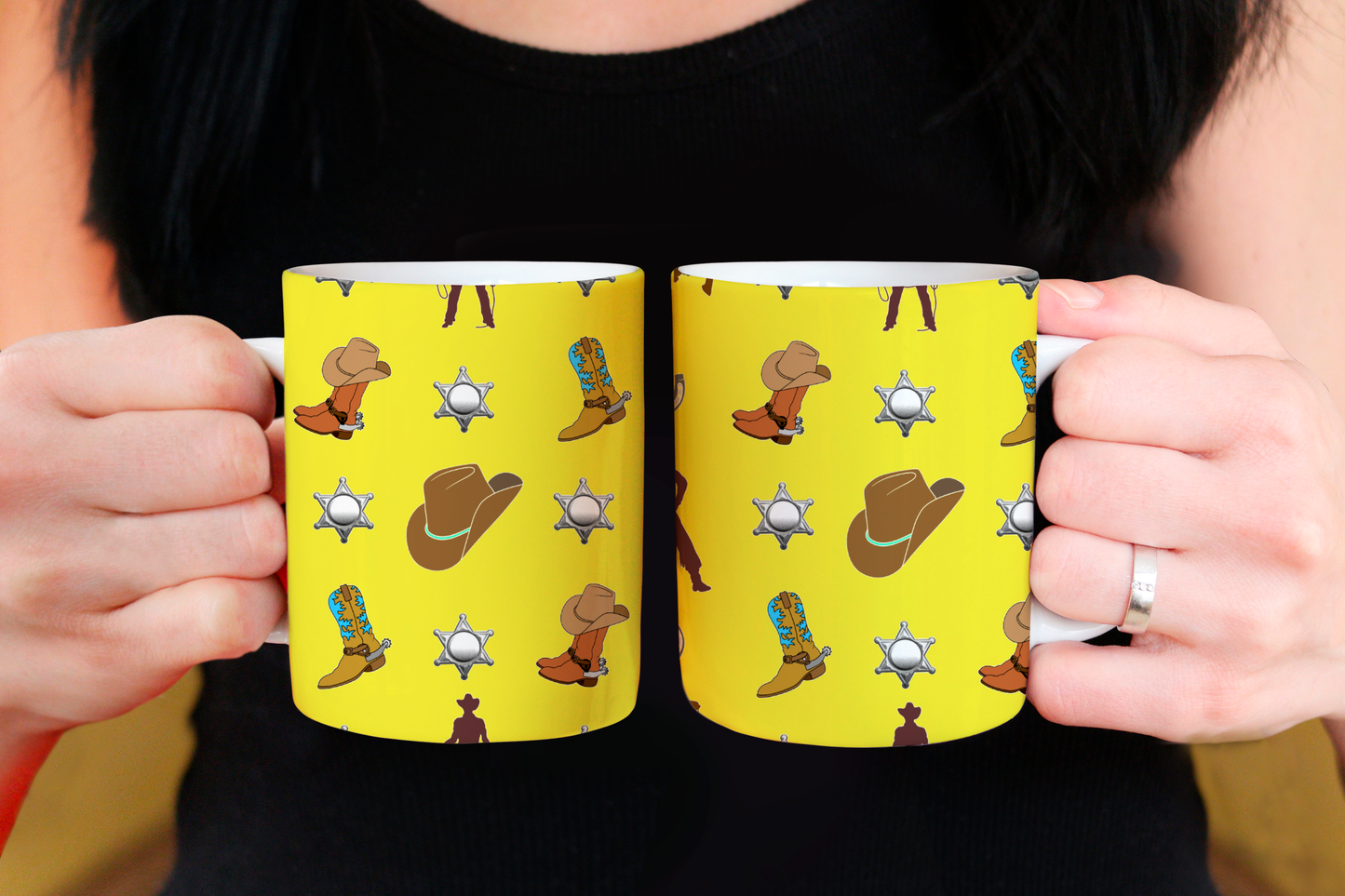 11 oz coffee much with cowboy, hat, boots. and sheriff on yellow background