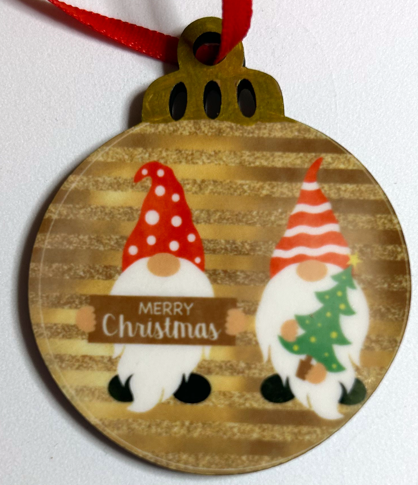 gnome with merry Christmas and tree on 2" MFD ornament