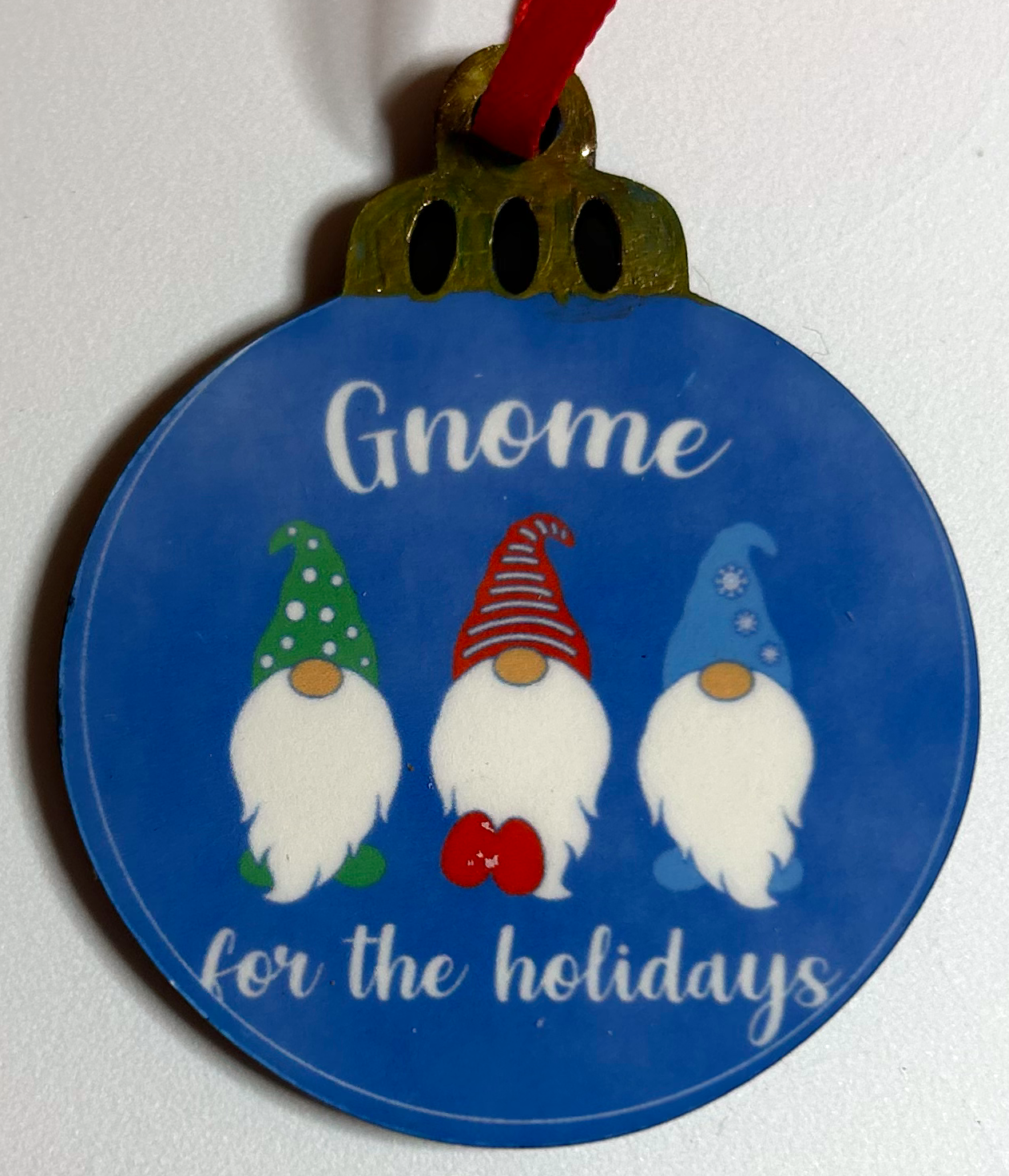 gnome with happy holidays on 2" MFD ornament