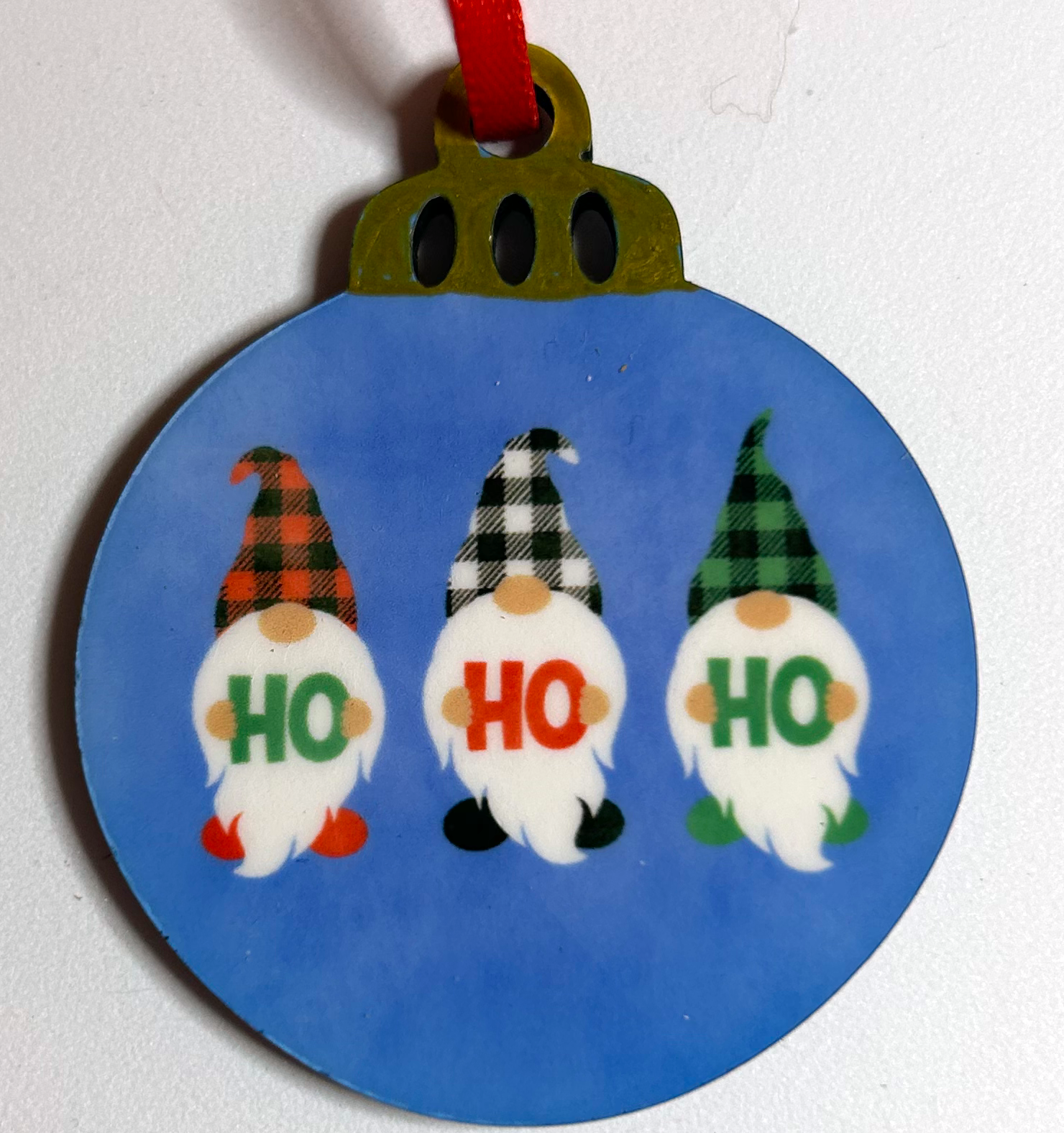gnome with ho ho ho  on 2" MFD ornament