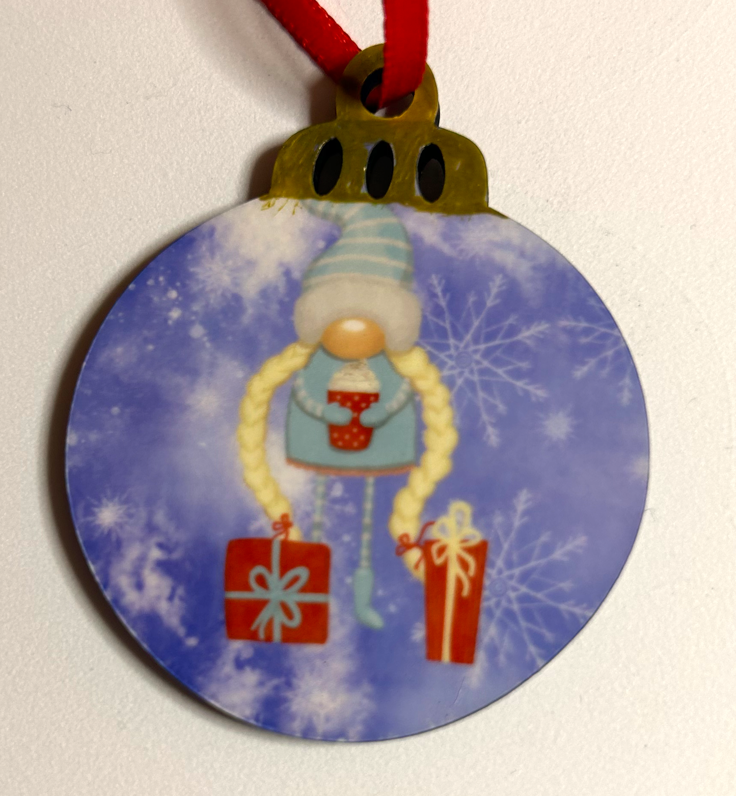 tall girl gnome with presents on 2" MFD ornament