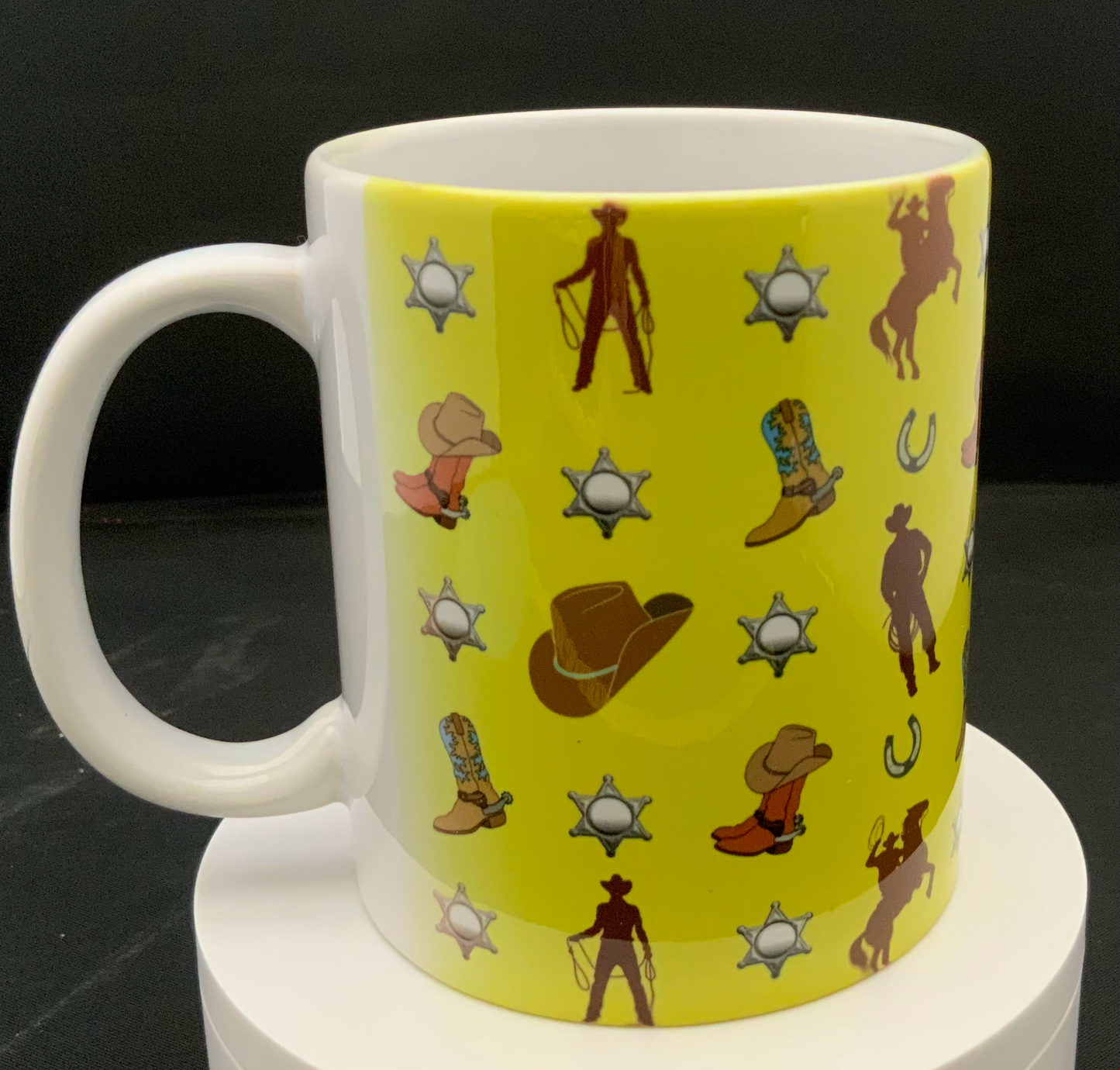 11 oz coffee much with cowboy, hat, boots. and sheriff on yellow background
