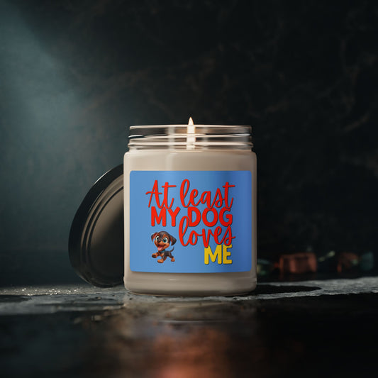 at least my dog loves me soy candle with cute Doberman 