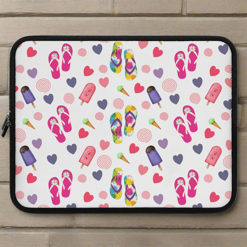Laptop sleeve with flip-flop, ice cream, and heart pattern on a white background