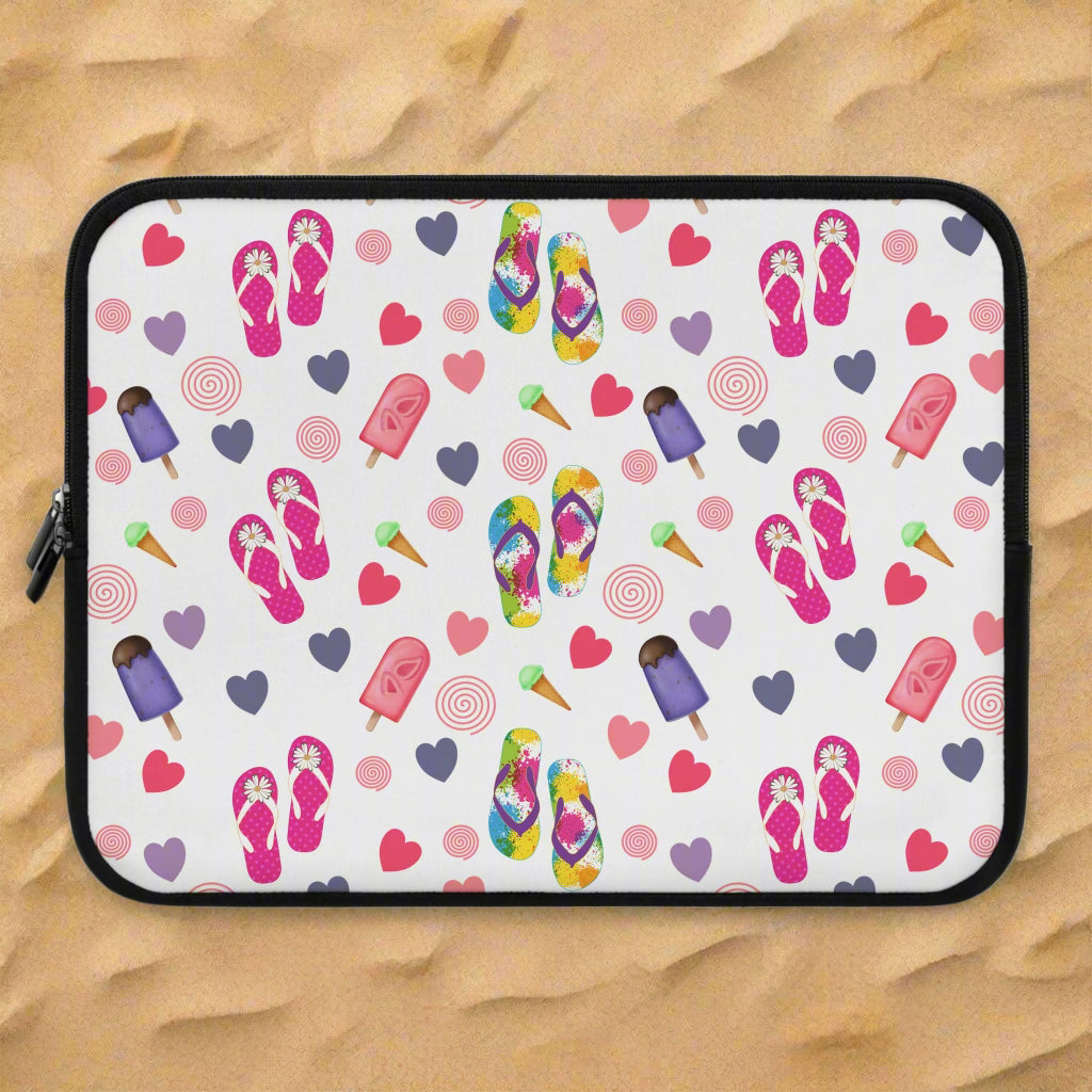 Laptop sleeve with flip-flop, ice cream, and heart pattern on a white background