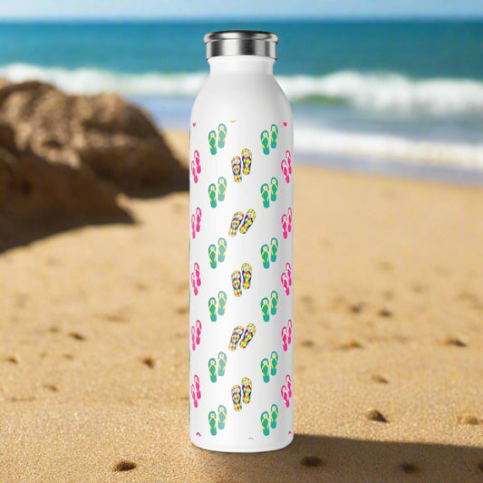 Summer Vibes Slim Water Bottle - Colorful Flip Flop Design for Beach Lovers