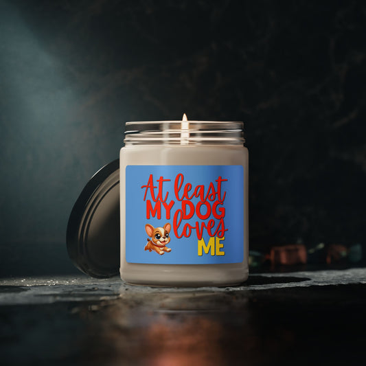 at least my dog loves me soy candle with cute English bulldog 