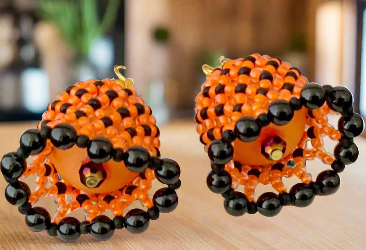 orange and black seed bead earrings inside earrings view 