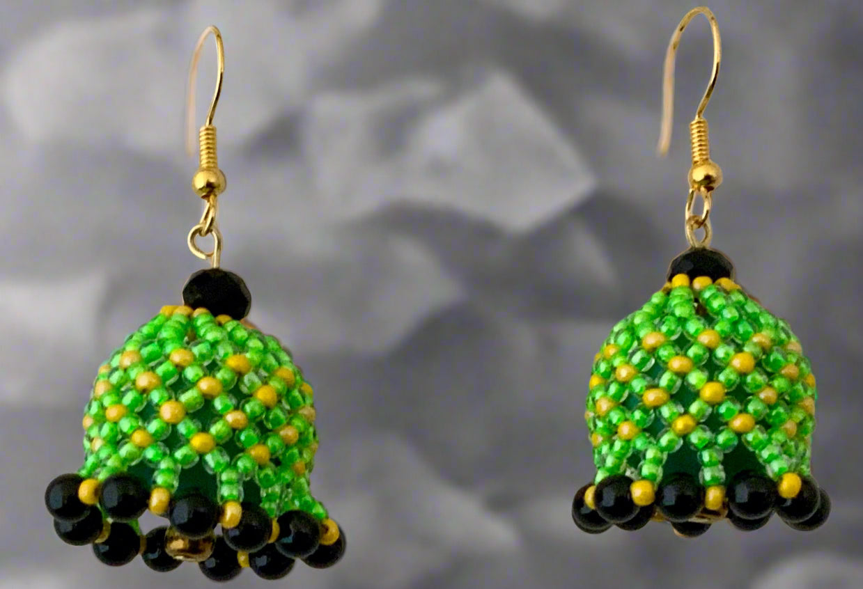 green yellow seed bead earrings with black pearls 